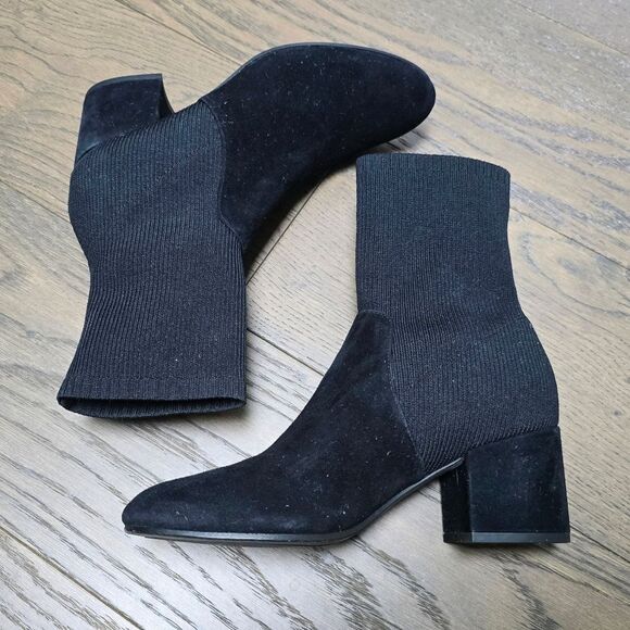 Eileen Fisher Knolls Suede & Recycled Stretch Knit Sock Block Heel Boot in Black - Picture 9 of 12
